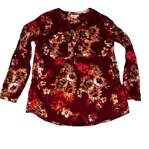 St Johns Bay Womens Red Floral Cotton Tunic Blouse Roll Tab Sleeve Size Large